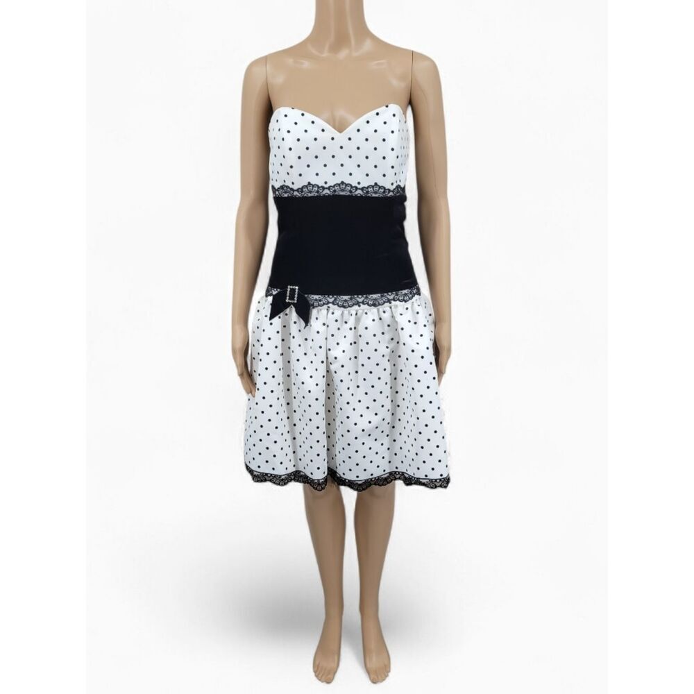 Gunne Sax Jessica McClintock White Black Polka Dot Strapless Dress Sweetheart